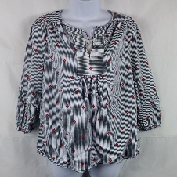 St John's Bay Women's Medium Blue White Striped Red Floral Blouse - Picture 1 of 9